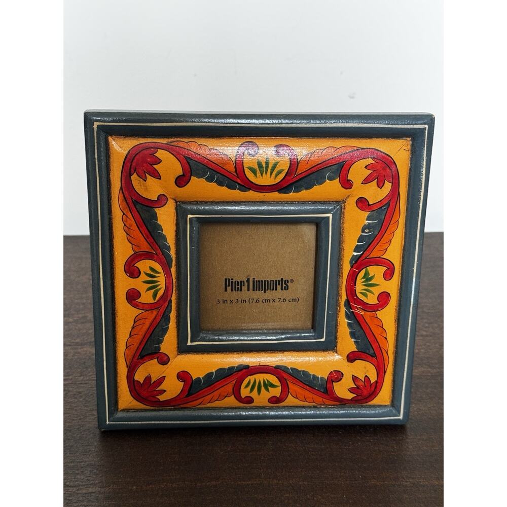 Pier 1 Imports Wooden Picture Frame Square Folk Art Boho Colorful Distressed